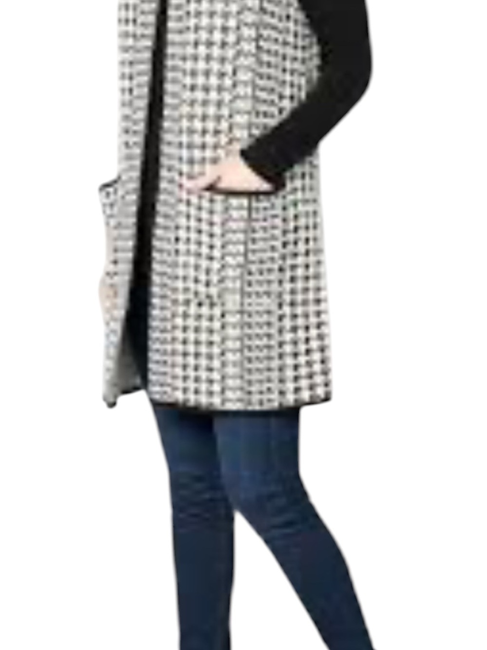 Susan Graver Black & White Houndstooth Longline Open Vest Women’s size LP L403